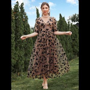 Mocha Brown & Black Floral Mesh Puff Sleeve Elegant Dress Fall trend Size XL